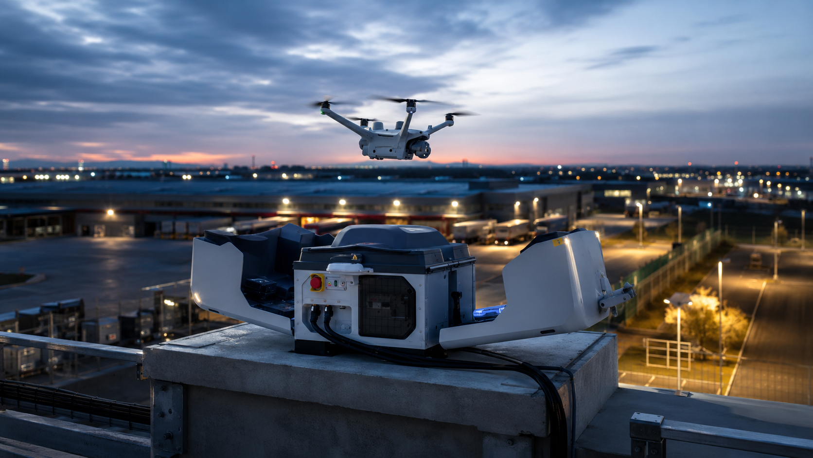 Estación de acoplamiento automatizada drone-in-a-box en una azotea industrial con un dron despegando al atardecer