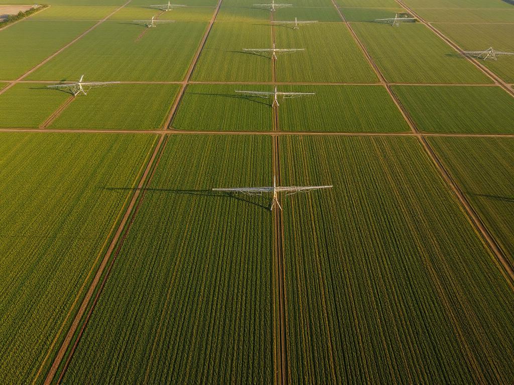 Vista aérea de grandes campos de cultivos con pivotes de riego
