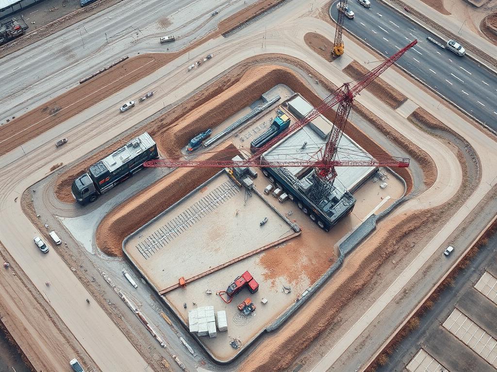 Vista aérea de levantamiento de una gran obra de construcción con grúas y movimientos de tierra