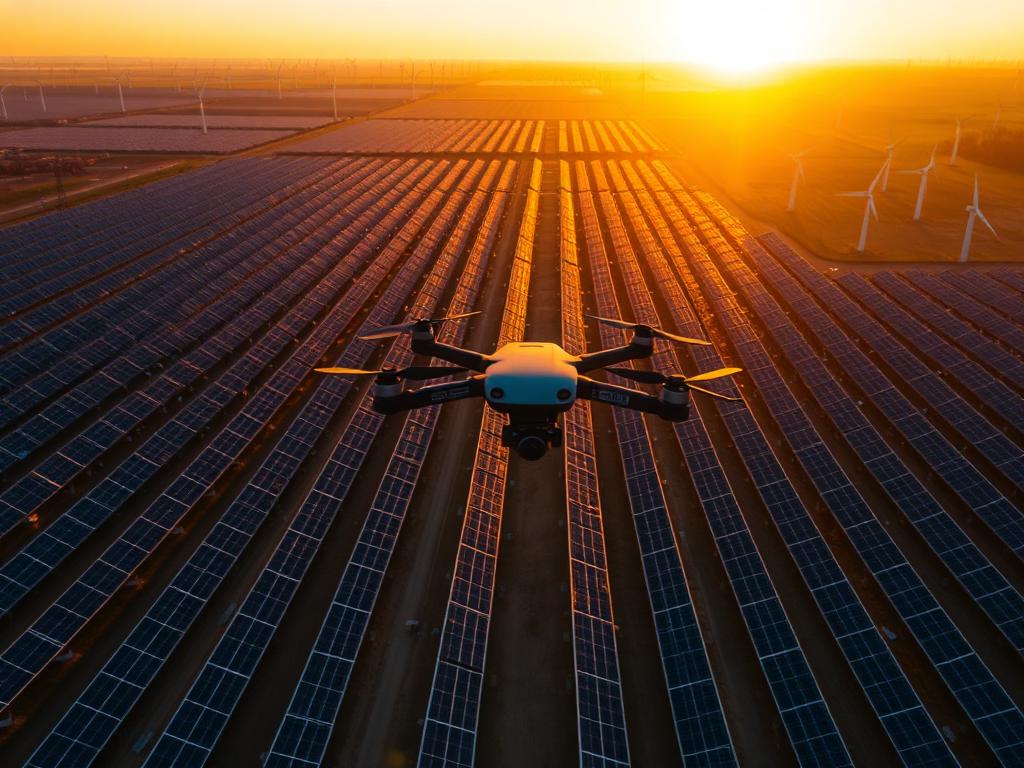 Vista aérea de un gran parque solar y aerogeneradores inspeccionados por dron