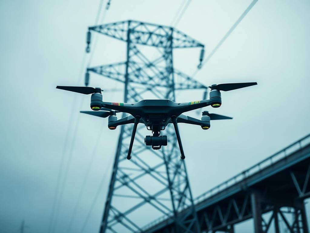 Dron de inspección volando cerca de una torre de transmisión de acero y una estructura de puente