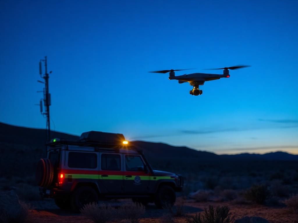 Vehículo de respuesta a emergencias y dron operando en terreno remoto al atardecer