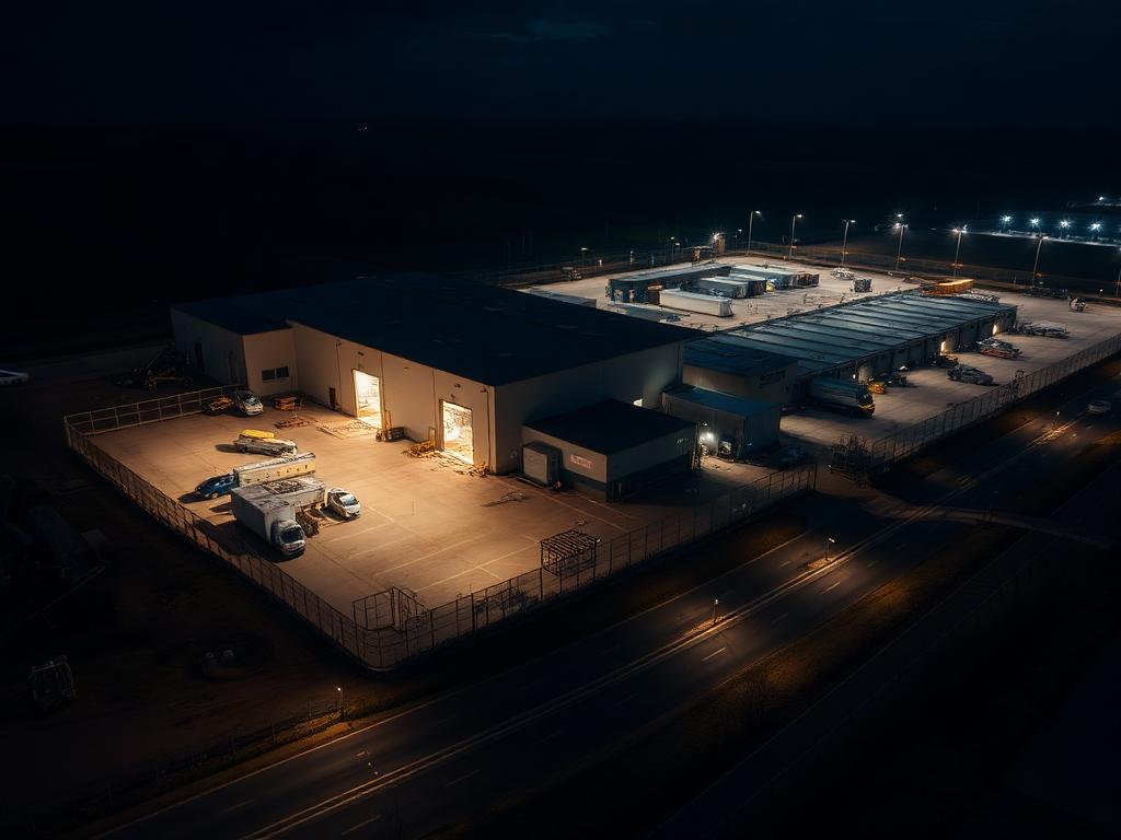 Vista aérea nocturna del perímetro de una instalación logística industrial asegurada